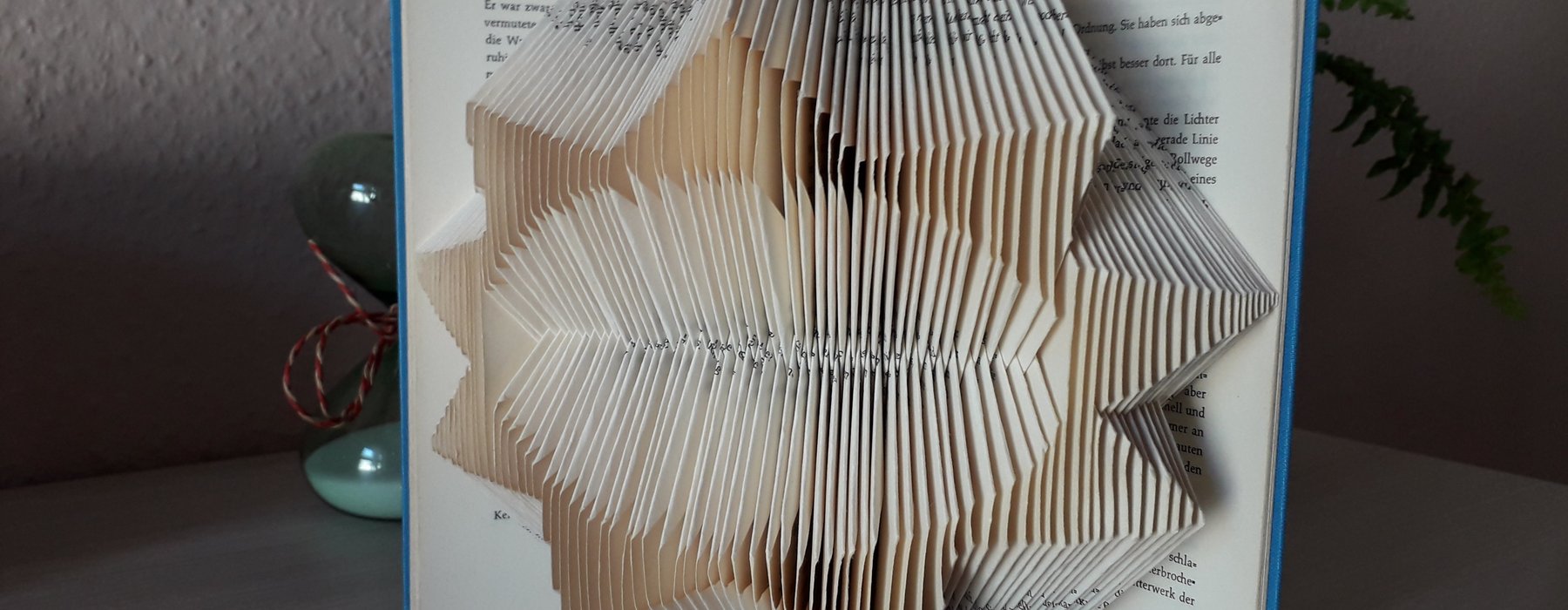 Die Seiten eines Buches wurden so geschnitten und gefaltet das Sie eine Stern ähnliche Form ergeben.